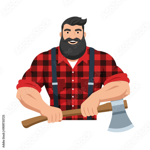 Muscular Lumberjack with Axe, Wearing Plaid Shirt and Suspenders, Smiling