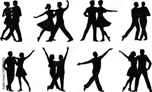 Ballroom dance silhouette illustration set, elegant couples performing romantic tango waltz poses, artistic movement choreography design