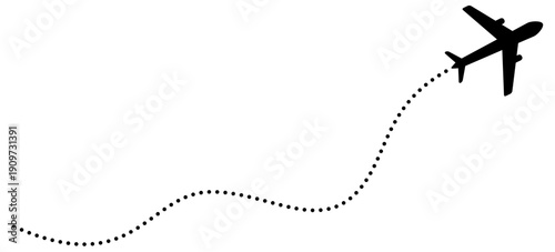 Flying airplane route map with dotted path. Plane journey trail across locations with dashed lines. Vector illustration isolated on white.