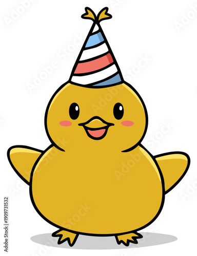 Cute cartoon yellow chick wearing a festive party hat celebrating