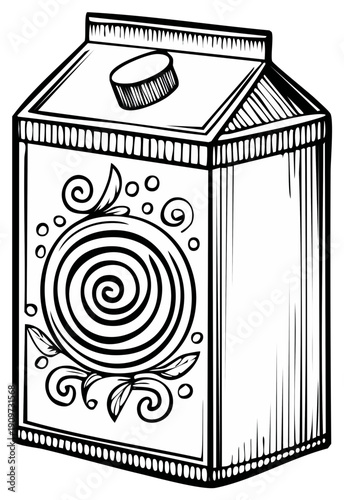 Cartoon line art illustration of a juice carton with decorative swirls.