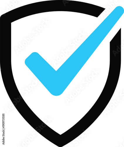 Black shield outline with bright blue check mark symbol tick security
