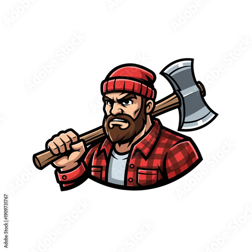 Fierce Lumberjack with Axe, Red Plaid Shirt and Beanie - Cartoon Style