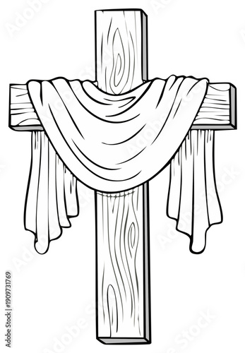 Wooden Christian Cross Adorned with Draped White Cloth Symbolizing Faith and Sacrifice