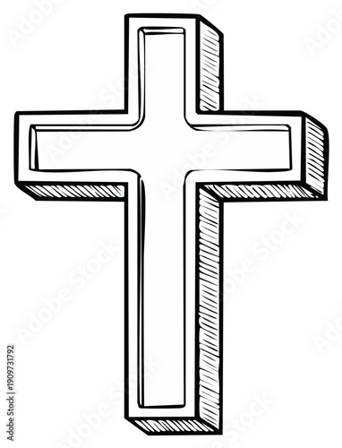 Hand drawn outline of a Christian cross with a three dimensional effect.