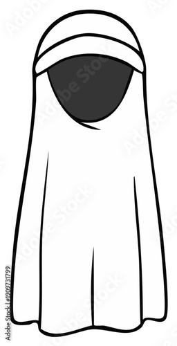 Illustration of a person wearing a white burqa with a dark covering over the face