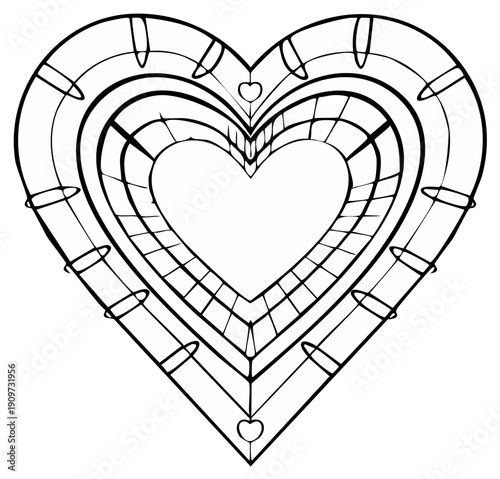 Heart shaped tunnel illustration, an abstract drawing of a three dimensional corridor with heart opening