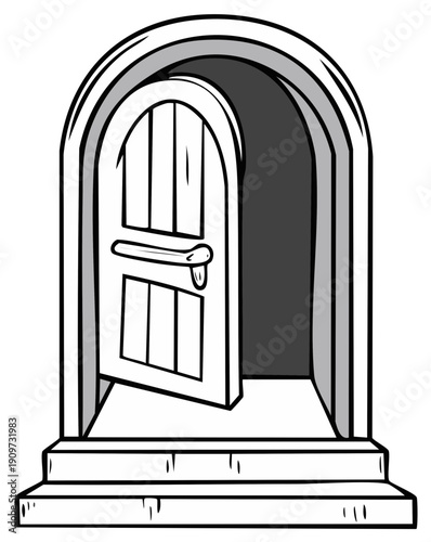 Cartoon arched doorway with partially opened door step-by-step monochrome illustration.