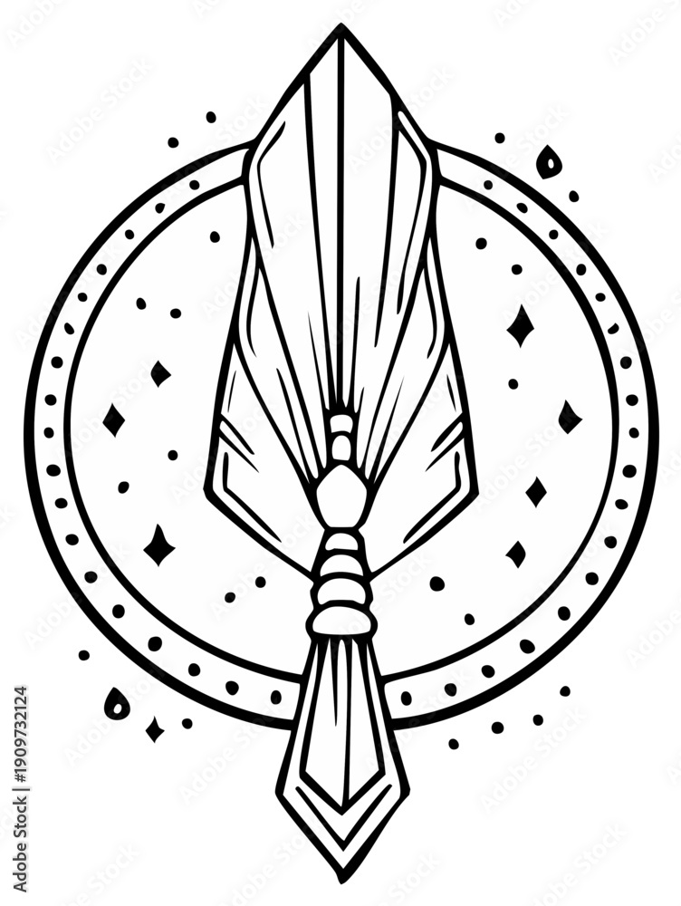 Naklejka premium Abstract spear symbol design within a circle with stars, line art illustration
