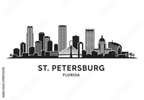 Silhouette of the St. Petersburg, Florida skyline displaying numerous buildings, a prominent bridge, and palm trees with city name.