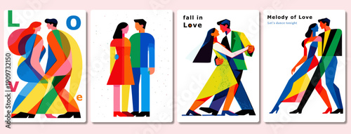 Romantic Abstract Art Set of Couple in Love with Dancing and Embracing Scenes