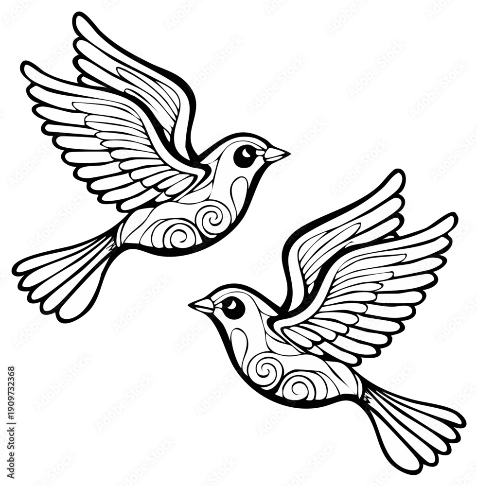 Fototapeta premium Two stylized birds with ornate feather patterns flying with wings spread