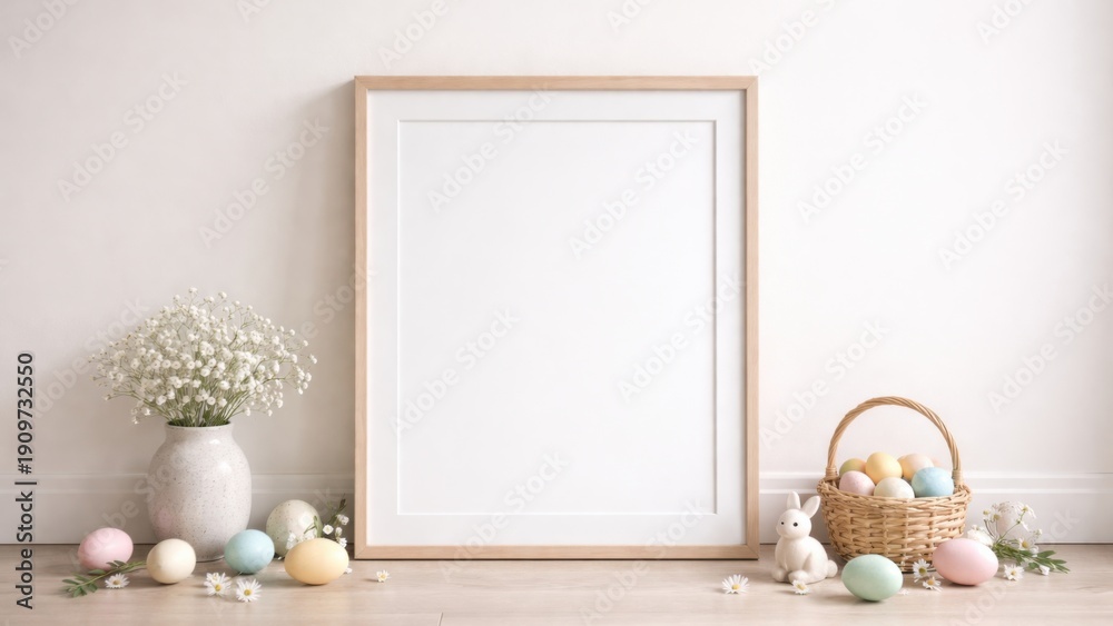 Obraz premium A serene spring setup featuring a blank frame, flowers, colorful eggs, and a cozy basket, perfect for festive decoration.