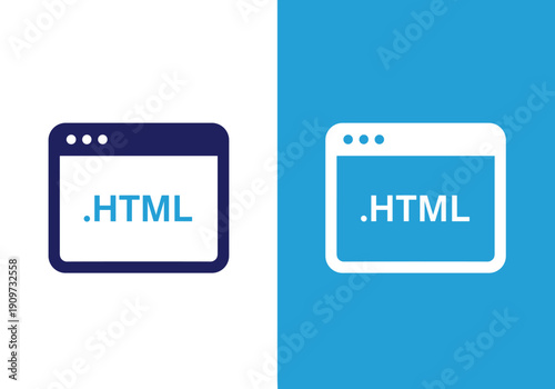 Two distinct browser window icons, one dark blue on white and another white on blue, both display the .HTML extension.