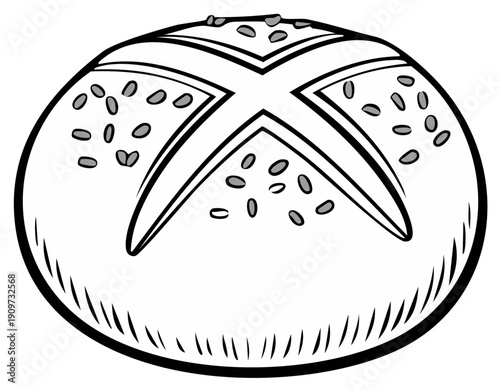 A Line Drawing of a Round Loaf of Bread with a Crisscross Pattern and Seeds on Top