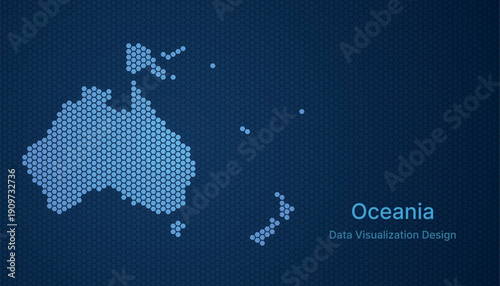 Abstract digital grid map of Oceania in blue hex style