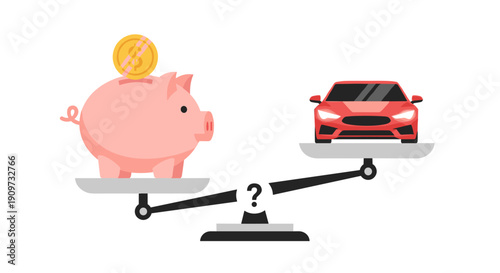 A piggy bank balances against a red car on a weighing scale, symbolizing the financial cost of vehicle ownership.