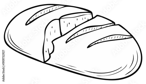 Artisan bread loaf with sliced portions, line drawing illustration.