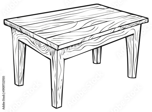 Black and white illustration of a wooden table