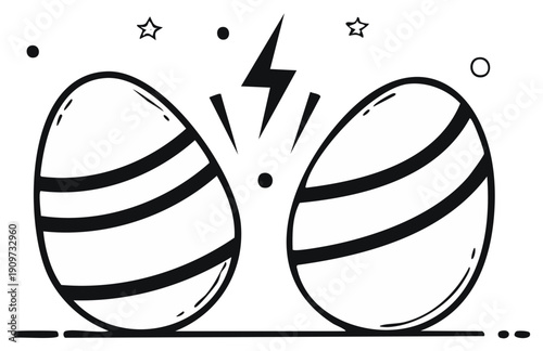 Two striped Easter eggs clash with lightning bolt symbol and festive stars in a playful doodle style