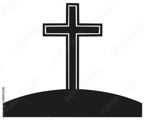 Black silhouette of a Christian cross on a hill against a white background.