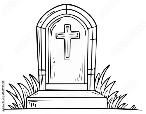 Black and white cartoon style line art drawing depicting a tombstone with a religious cross symbol and grass