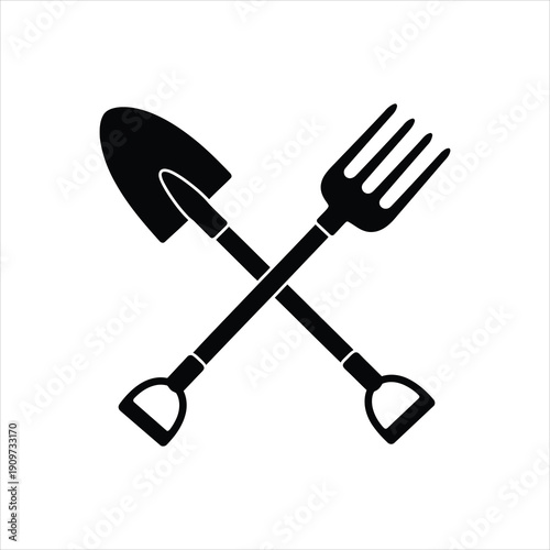 Crossed gardening shovel and fork silhouette icon for agriculture, farming, and garden work symbol
