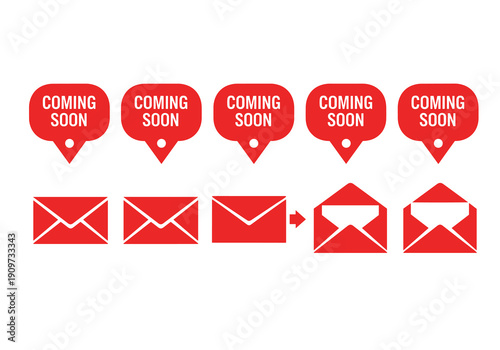 Red Coming Soon message bubbles and a sequence of opening envelopes are depicted on a clean white background.