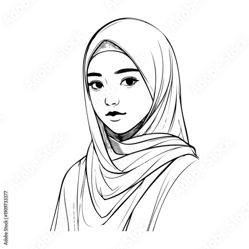 Dibujo sencillo con líneas de la cabeza de una chica joven musulmana con un pañuelo tapando el cabello