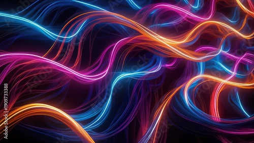 Watch as bright neon currents of blue, orange, and magenta surge and interweave across a dark expanse, creating an endlessly looping and mesmerizing backdrop.