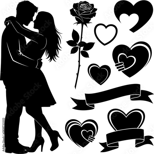 Romantic silhouette of a couple embracing with hearts and roses illustration Vector