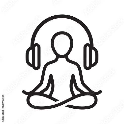 Minimalist Line Art Graphic of a Person Practicing Lotus Meditation While Wearing Large Over-Ear Headphones for Guided Audio Mindfulness Sessions.