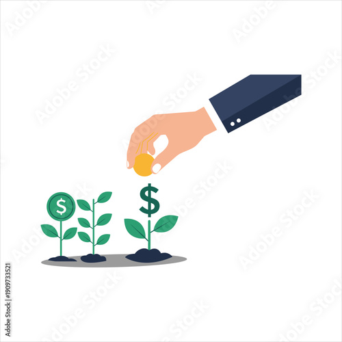 Investor hand dropping coin into growing money plants, symbolizing investment growth, savings, and financial prosperity