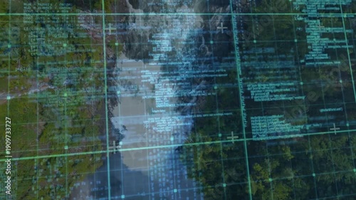 Satellite scanning activating overlay, cyan grid highlighting river with flowing code for mapping
