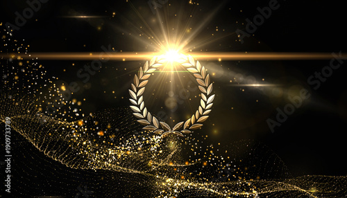 Golden laurel wreath with glowing particles on black　黄金の月桂冠と光の粒子が輝くアワード背景　デジタルイラスト