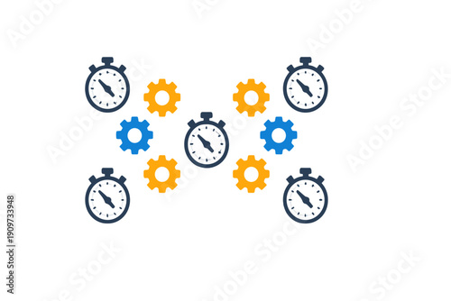 Clocks and gears create a visual representation of time management and efficiency in a simple layout