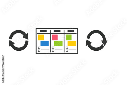Workflow management system showing process steps with boards and arrows indicating movement and updates in a digital workspace
