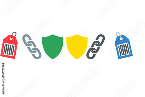 Colorful symbols of security and connection with shapes representing links and shields in a simple design on a white background during daytime