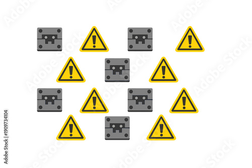 Warning signs and symbols arranged in a grid showing caution and alertness in a simple design with bright colors and bold shapes for safety notices