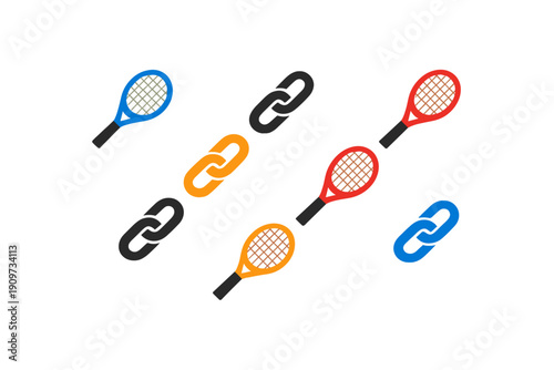 Tennis rackets and links create a modern design with a mix of colors on a white background during the daytime