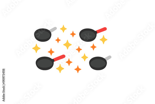 Four frying pans with red handles and sparkles surrounding them in a simple design on a white background
