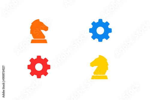Design featuring colorful chess pieces and gears arranged in a grid on a plain background in a modern and minimal style
