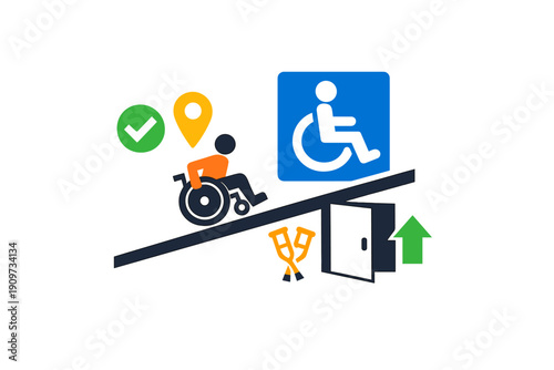 Icons and symbols showing accessibility features like ramps and wheelchair signs to indicate services for individuals with mobility needs in an urban area