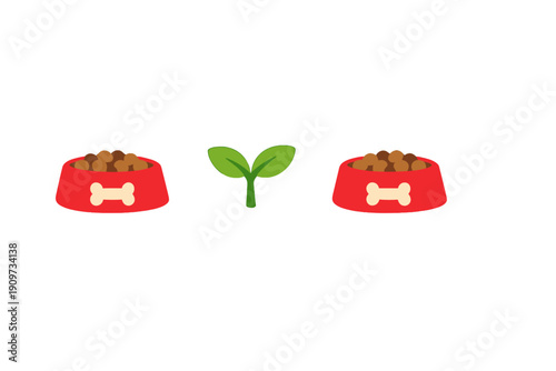 Two red pet bowls filled with food and a green plant in the center showing a simple setup for a pet's eating area