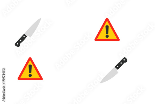 Warning signs and knives are shown in a pattern on a bright background highlighting safety concerns in a kitchen setting during daylight hours