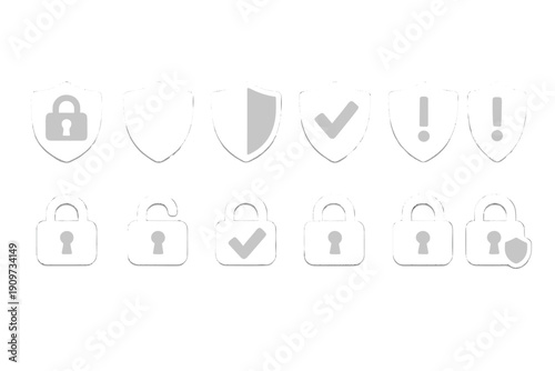 Different types of security icons shown on a plain background with various shapes and symbols representing locks, shields, and alerts designed for digital usage