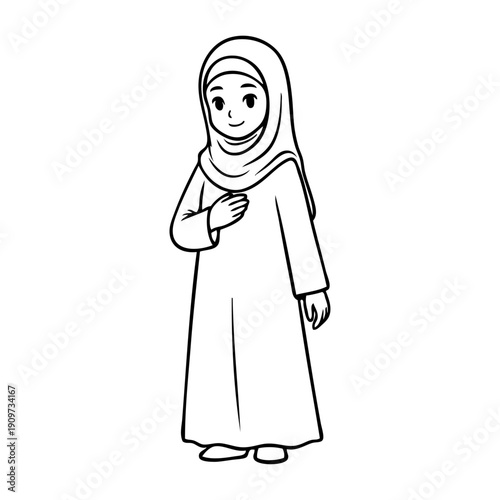 Dibujo sencillo con líneas de una chica joven musulmana de pie con un pañuelo tapando el cabello