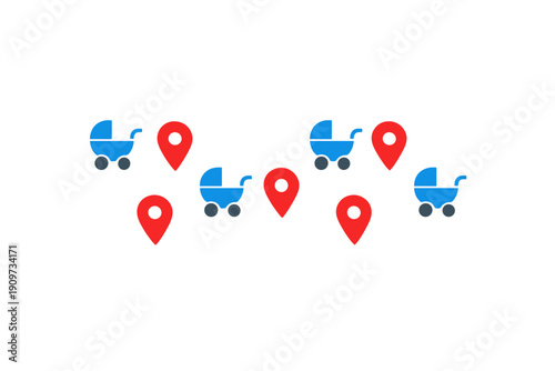 Map markers show locations of baby strollers in a city area during daytime in a simple and clear design