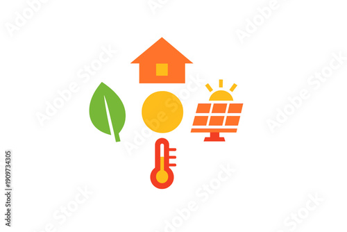 Symbols of renewable energy and environmental awareness are shown with a house, sun, leaf, thermometer, and solar panel