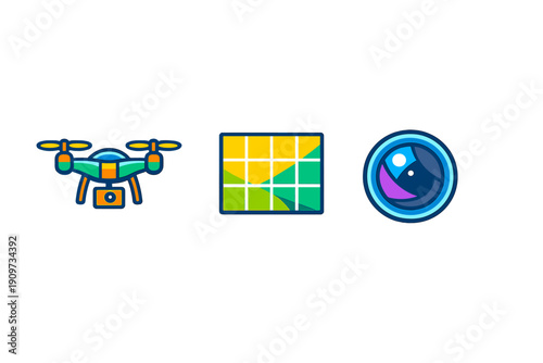 Icons showing drone technology, data visualization, and camera design in a modern digital context